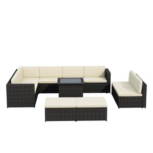 Brown 9-Piece Wicker Patio Conversation Sectional Seating Set with Beige Cushions
