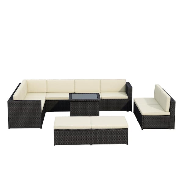 Willit Brown 9-Piece Wicker Patio Conversation Sectional Seating Set with Beige Cushions