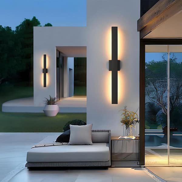 32 in. H Matte Black Steel Hardwired LED Outdoor Wall Lantern Sconce (2-Pack)
