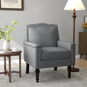 Gray Linen Arm Chair with Nailh+Q349:Q382ead Trim with Wood Legs (Set of 1)