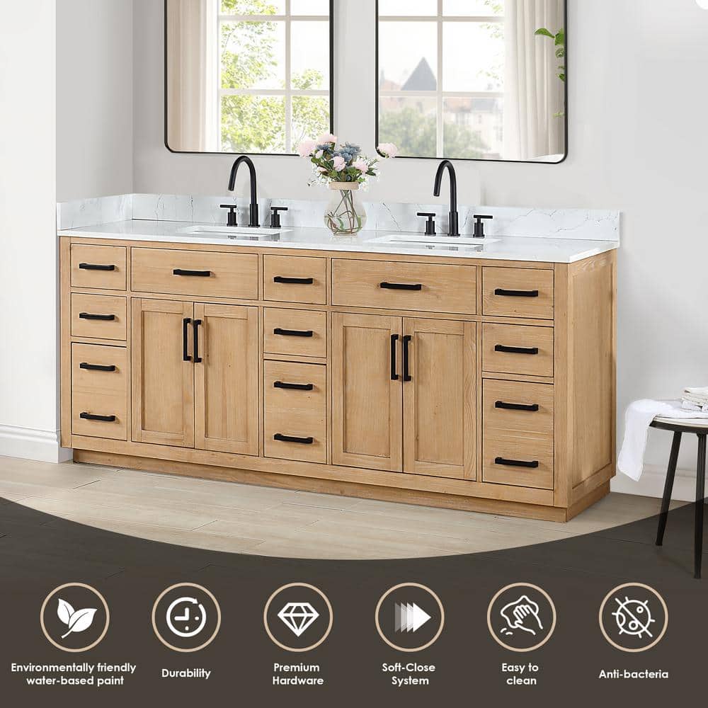 Gavino 84" Light Brown Wood Vanity with Composite Stone Top