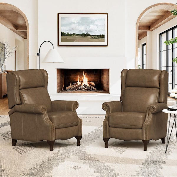 Balderich Mid-Century 35 in. Grayish-brown Genuine Leather Recliner Armchair with Nailhead Accents (Set of 2)