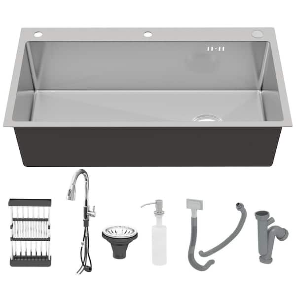 28 in. Drop-In/Undermount Single Bowl 16 Gauge Stainless Steel Kitchen Sink with Faucet and Bottom Grids