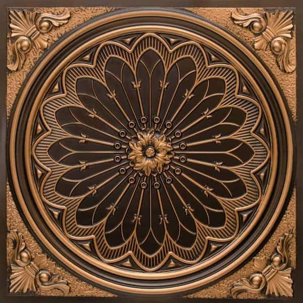 FROM PLAIN TO BEAUTIFUL IN HOURS Rose Window Antique Gold 2 ft. x 2 ft. PVC Glue-up or Lay-in Ceiling Tile (100 sq. ft./case)
