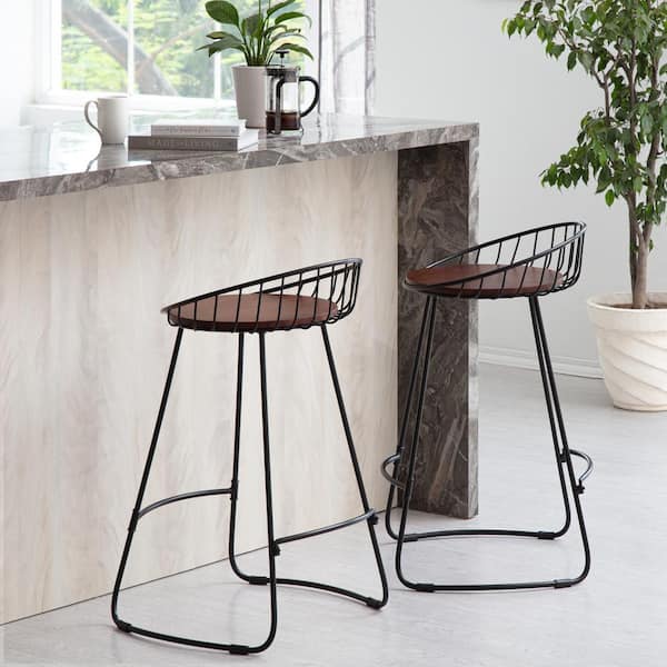 MH LONDON Tegan 31 in. Walnut Mid-Back Metal Frame with Wooden Seat Counter Stool