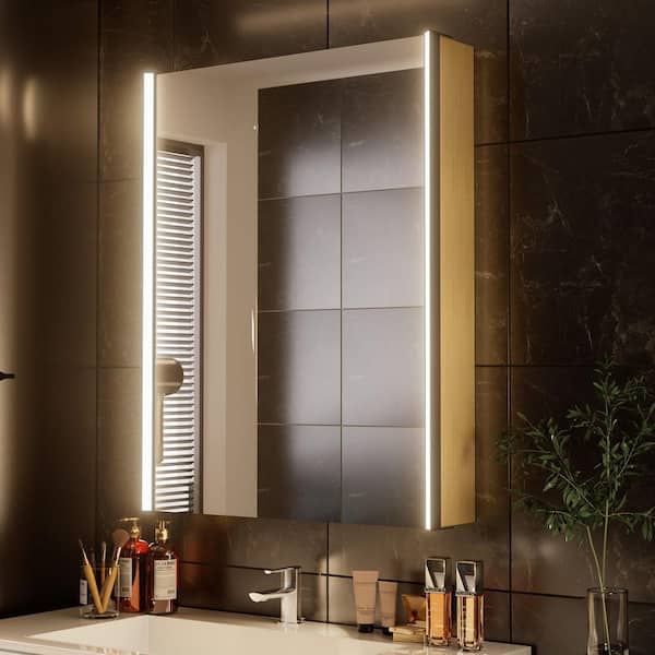 23 in. W x 30 in. H Rectangular LED Lighted Surface Mount Medicine Cabinet with Mirror Oak