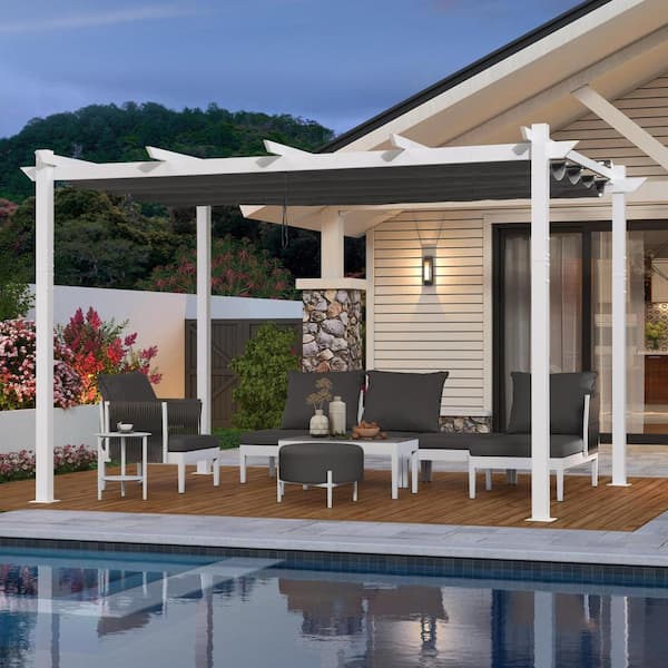 PURPLE LEAF 10 ft. x 13 ft. White Aluminum Frame Patio Pergola Gazebo with Gray Retractable Sunshade Canopy and Extra Top Roof