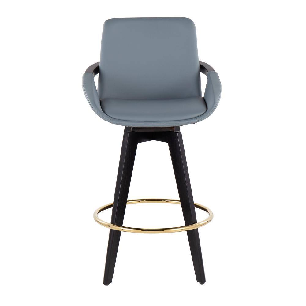 Set of 2 Black and Gray Faux Leather Swivel Barstools with Gold Footrest