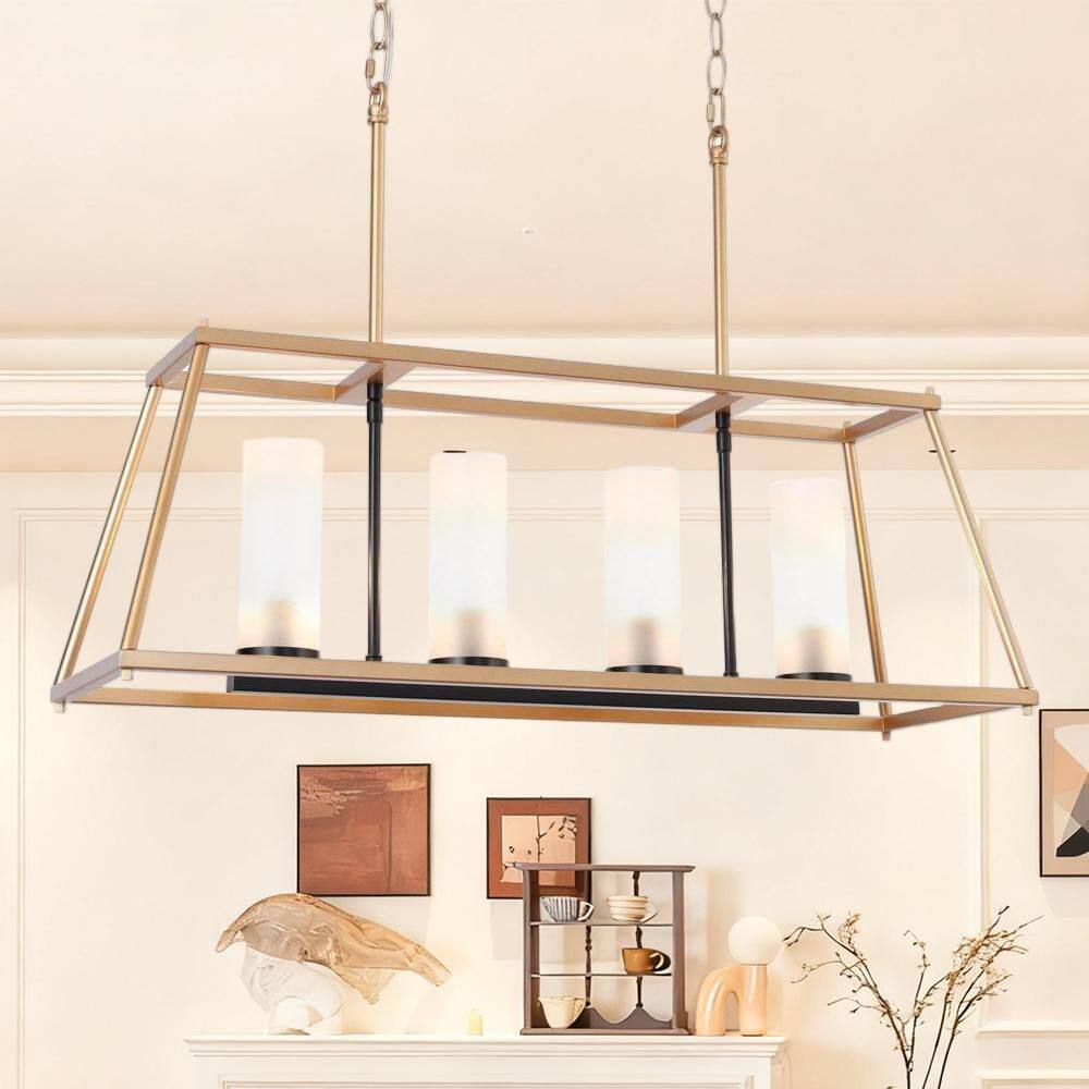 Modern Mid-century 28.5 in. 4-Lights Gold/Black Island Chandelier, Frosted Glass Caged Pendant Light for Dining Room price history on PriceWatchPro
