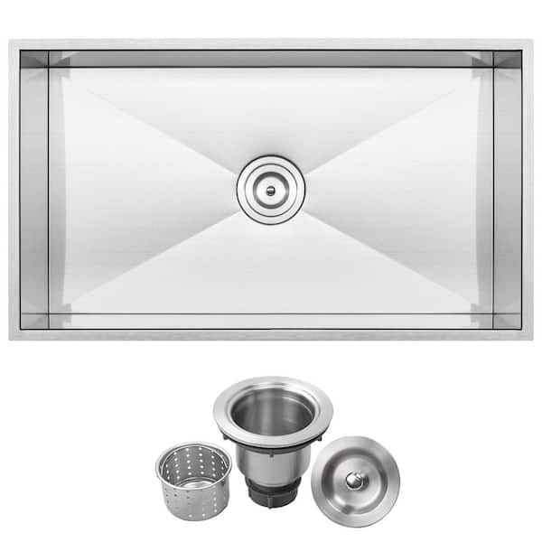 Ticor Pacific Zero Radius Undermount 16-Gauge Stainless Steel 31.25 in. Single Basin Kitchen Sink with Basket Strainer
