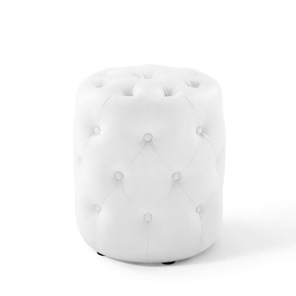 Anthem White Tufted Button Round Faux Leather Ottoman