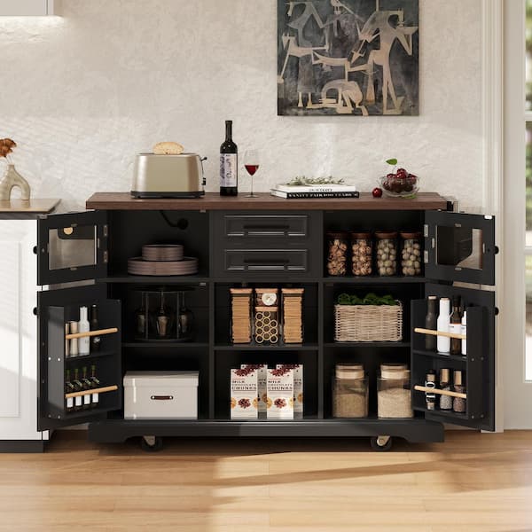 Black Wood 54.9 in. Kitchen Island with Drop Leaf, Power Outlet, 4 Door Shelves, Cross Barn Doors and Visual Glass Door