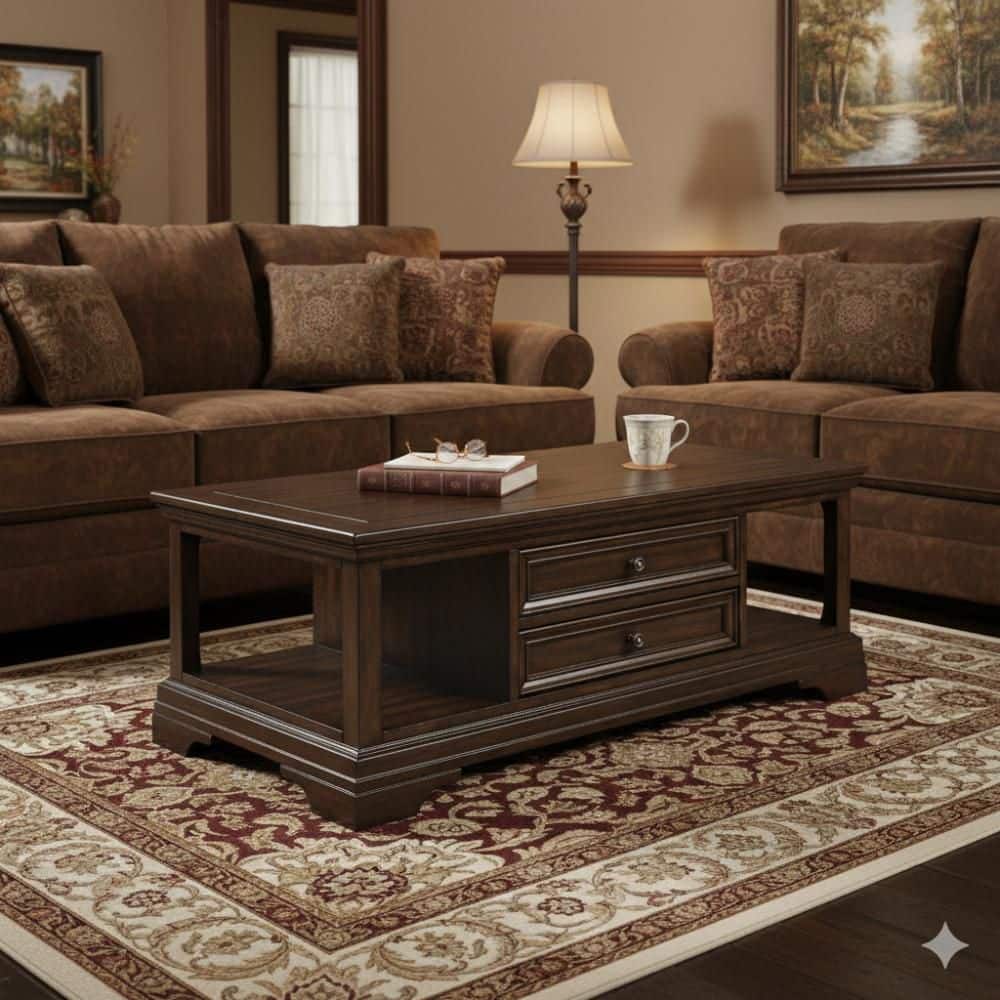 Tabby 48 in. Espresso Brown Rectangle Shape Wood Coffee Table with Shelves and Drawer