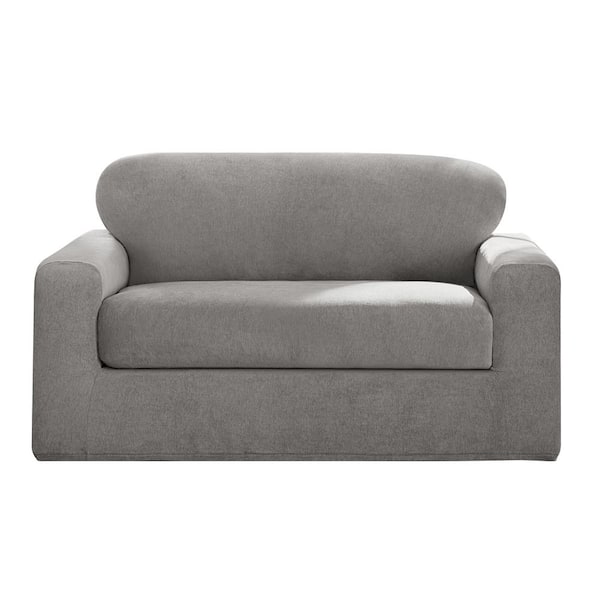 Cedar Stretch Gray Polyester Textured 2 Piece Loveseat Slipcover