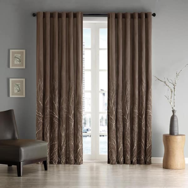 Madison Park Eliza Chocolate Botanical Polyester 50 in. W x 84 in. L Room Darkening Rod Pocket and Back Tabs Curtain with Lining