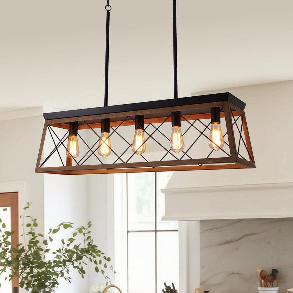 5 Light Black Farmhouse Linear Pendant Lighting Rectangular Chandelier Rustic Kitchen Island Light Fixture Ceiling Light price history on PriceWatchPro
