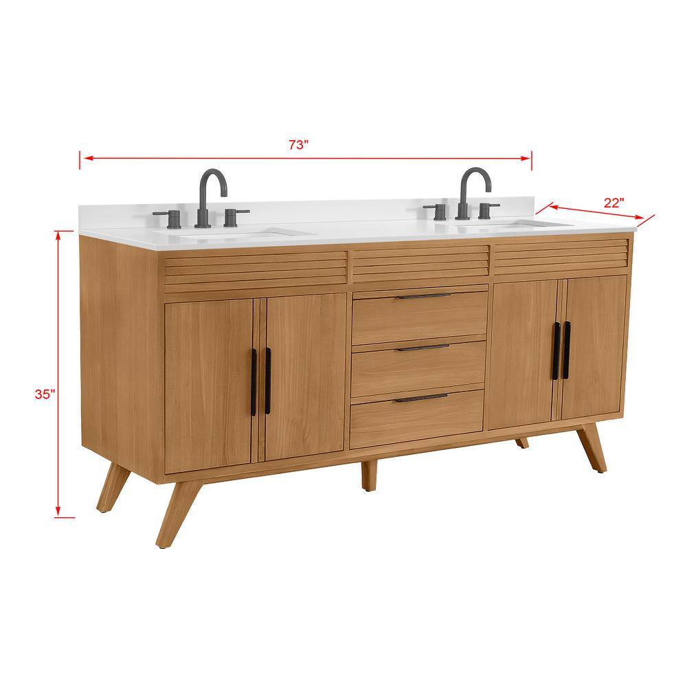 Taylor 73" Natural Teak Double Sink Vanity with White Quartz Top