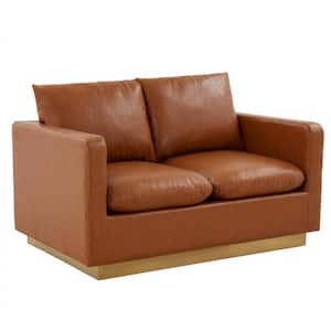 Nervo 55" Mid-Century Modern Upholstered Leather 2-Seater Loveseat With Gold Frame in Cognac Tan
