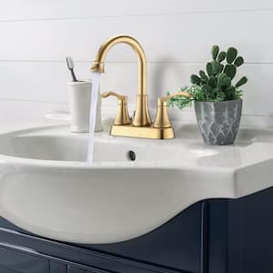 4 in. Centerset 2-Handle 360-Degree Swivel Spout Bathroom Faucet with Drain Kit Included in Brushed Gold