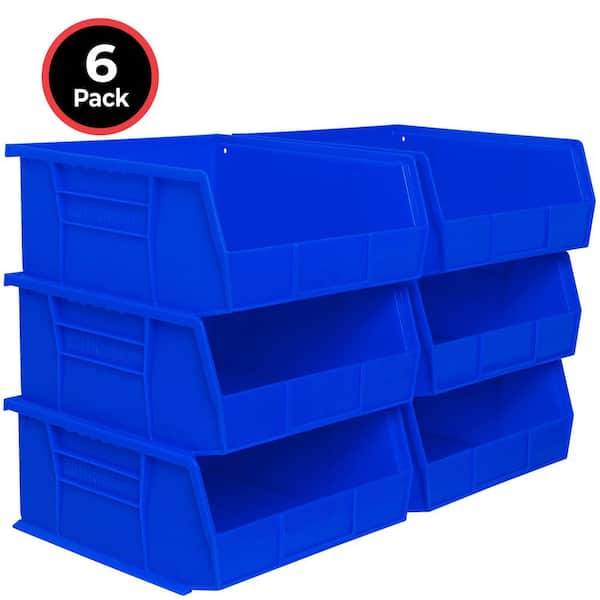 Heavy-Duty Stackable and Hanging Plastic Storage Totes, 10.88 in. L x 11 in. W x 5 in. H, Holds 50 lbs., Blue (6-Pack)