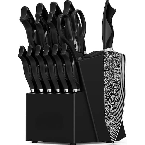15-Piece High Carbon Stainless Steel German-Style Kitchen Knife Set with Built in Sharpener, Dishwasher Safe, in Black