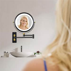 8.6 in. Round 1x/10x Magnifying Wall Mounted Black and Gold Bathroom Makeup Mirror with LED Lights (Battery/USB Powered)
