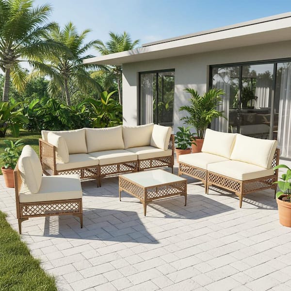 Versatile Brown 7-Piece Wicker Patio Furniture Conversation Deep Seating Set with Cushion Guard Off-White Cushions