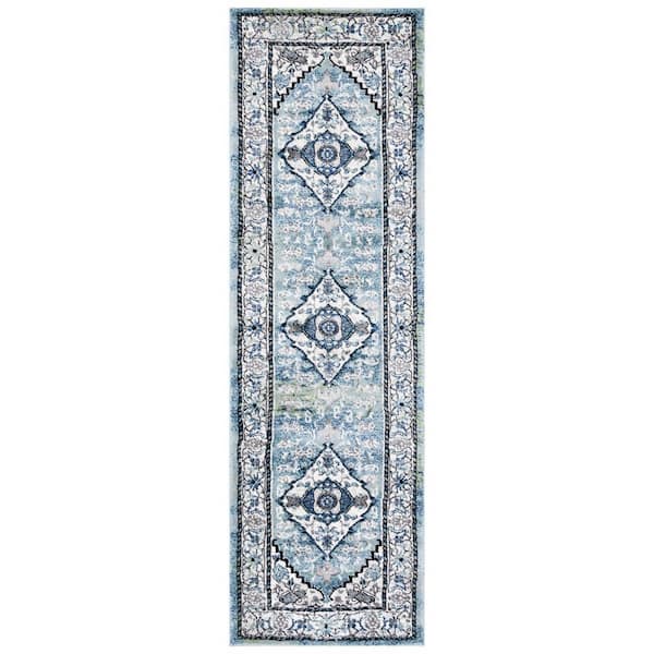 Vintage Hamadan 2 ft. x 8 ft. Blue Green/Ivory Medallion Distressed Runner Rug