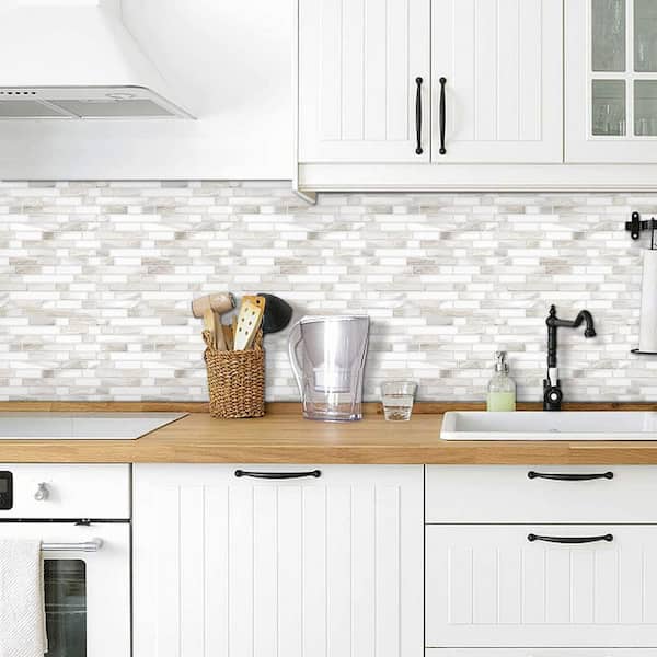 Beige and White 12 in. x 12 in. Vinyl Peel and Stick Backsplash Tile for Kitchen and Bathroom, 10-Pack