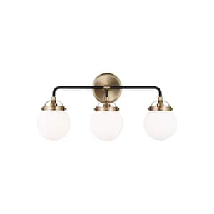 Cafe 21.75 in. W 3-Light Satin Brass Vanity Light with Etched/White Glass Shades and Matte Black Frame Accents