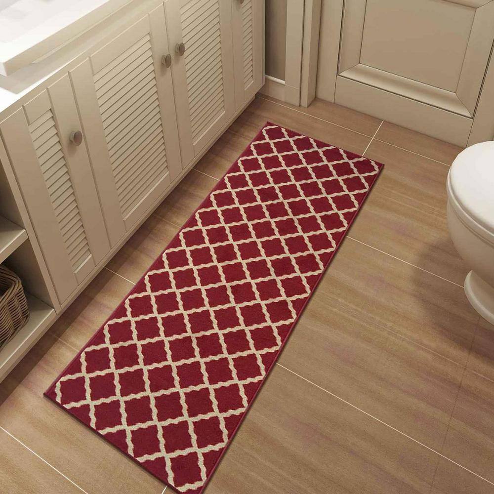 Red Trellis Design Washable Non-Slip Runner Rug