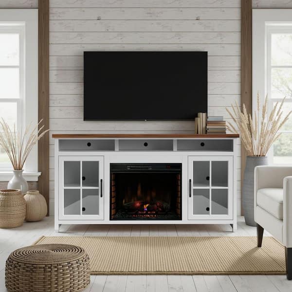 74 in. Freestanding Fireplace TV Stand with 28 in. Electric Fireplace insert, Heats 400 Sq Ft, Remote, Storage in White