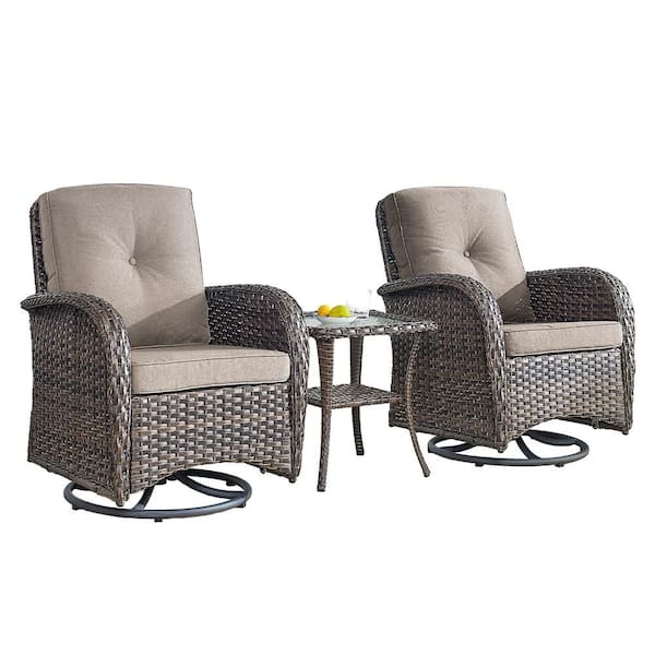 Brown 3-Piece Wicker Patio Conversation Set with Gray Cushions and Coffee Table All-Weather Swivel Rocking Chairs