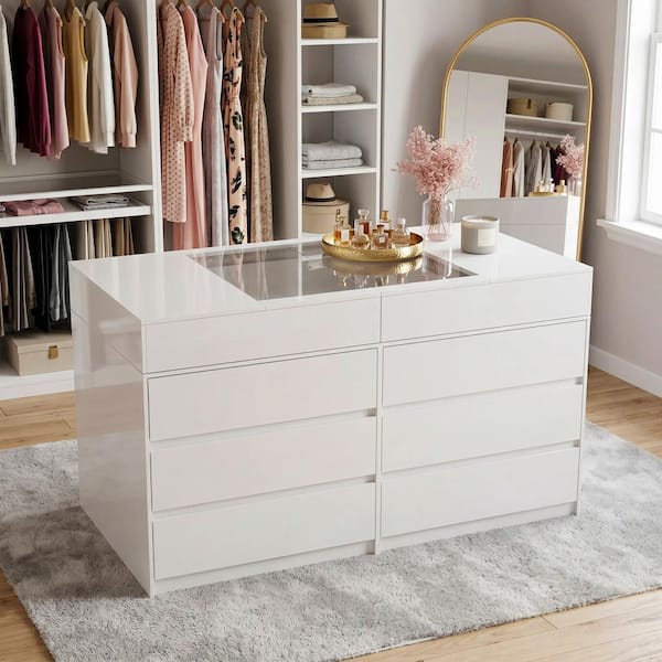 glass top dresser Kingdely White12-Drawers 63 in. Width Large Bedroom Dresser, Chest of Drawers with Top, Openable Storage and 12 Drawers L-THD-020510-01+02 VendorItem#:X004209-LA003 drawer dresser has modern Lady Black Tie - Closet island Size:26 W