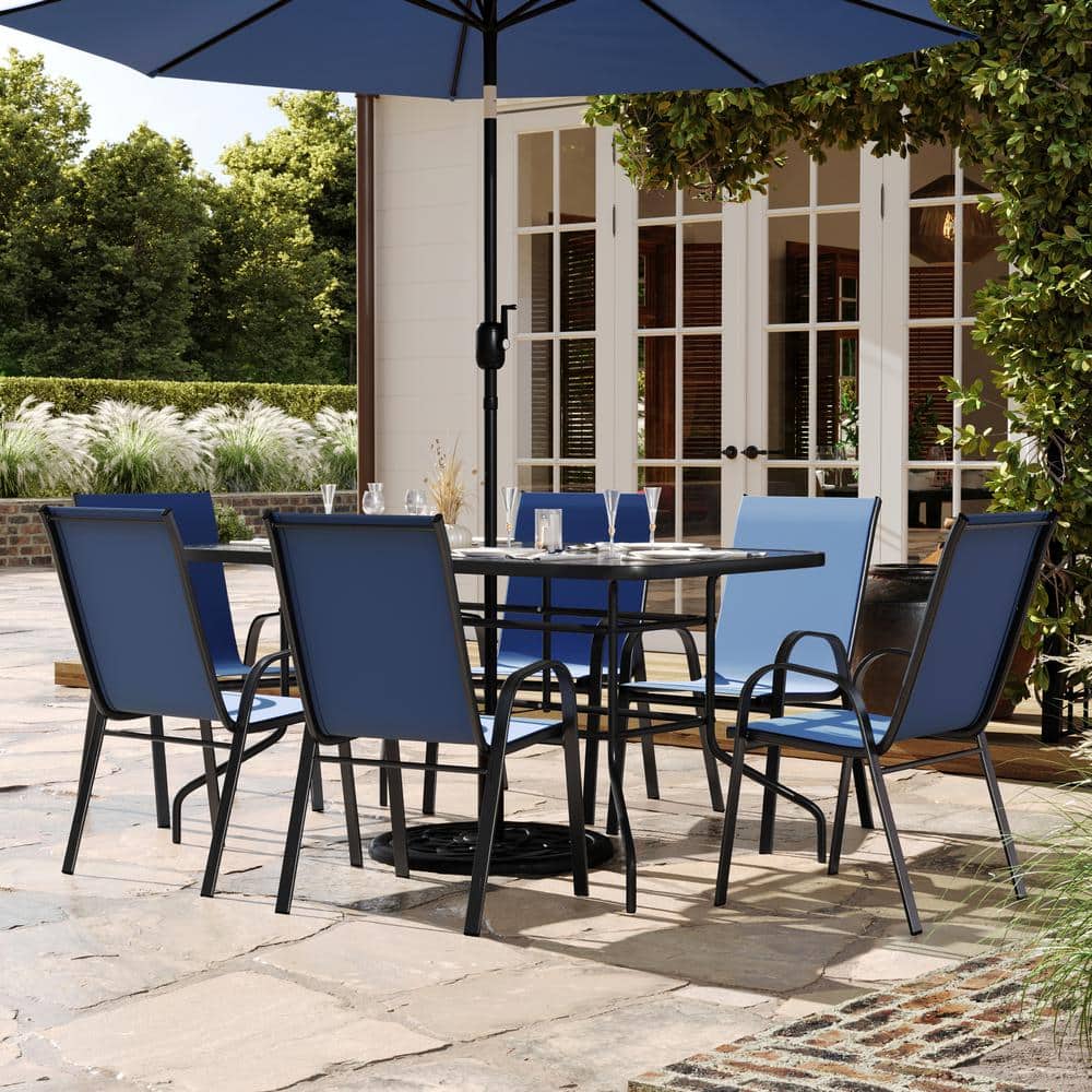 Brazos Navy 7-Piece Metal Rectangular Table and 6-Navy Flex Comfort Stack Chairs Outdoor Dining Set with Umbrella Hole price history on PriceWatchPro