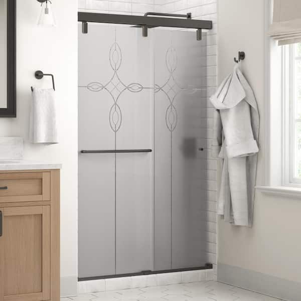 Delta Simplicity Mod 43-3/8 to 47-3/8 in. W x 71-1/2 in. H Soft-Close Frameless Sliding Shower Door, Bronze, Tranquility Glass
