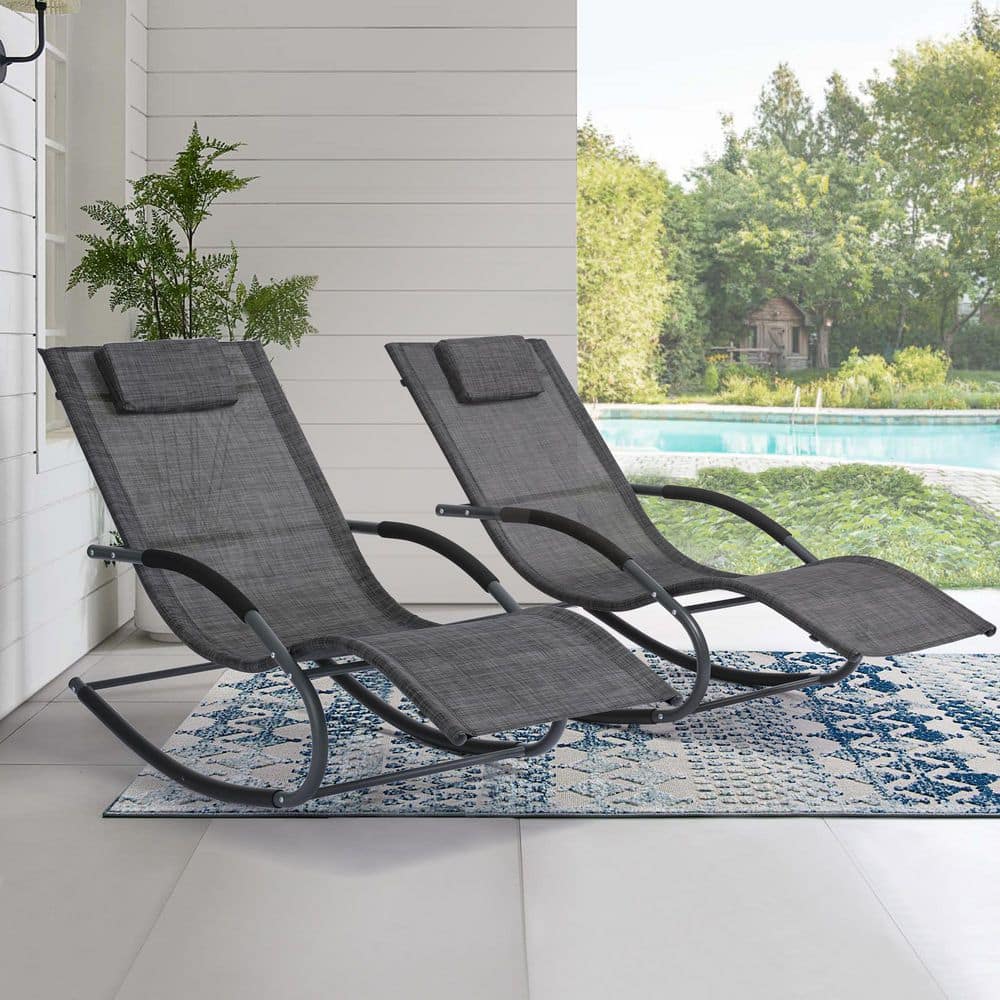 Dark Gray Steel Frame Outdoor Chaise Lounge with Cushions, Set of 2