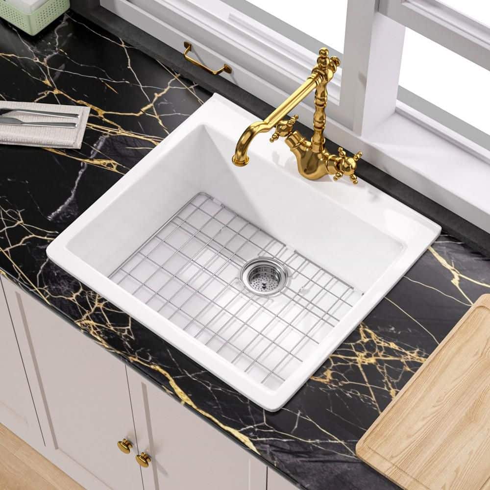 24 in. Fireclay Kitchen Sink Drop In with 1 Faucet Hole White Kitchen Sink 