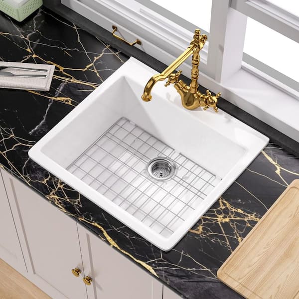 24 in. Fireclay Kitchen Sink Drop In with 1 Faucet Hole White Kitchen Sink Single Bowl Outdoor Wet Bar Sink Prep Sink