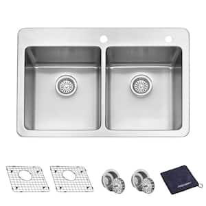 18-Gauge Stainless Steel 33 in. Double Bowl Drop-In Tight Radius Kitchen Sink with Bottom Grid