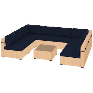 9-Piece Beige Wicker Patio Conversation Set with Navy Blue Cushions and Coffee Table