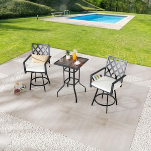 3-Piece Metal Square Outdoor Dining Set with Beige Cushions