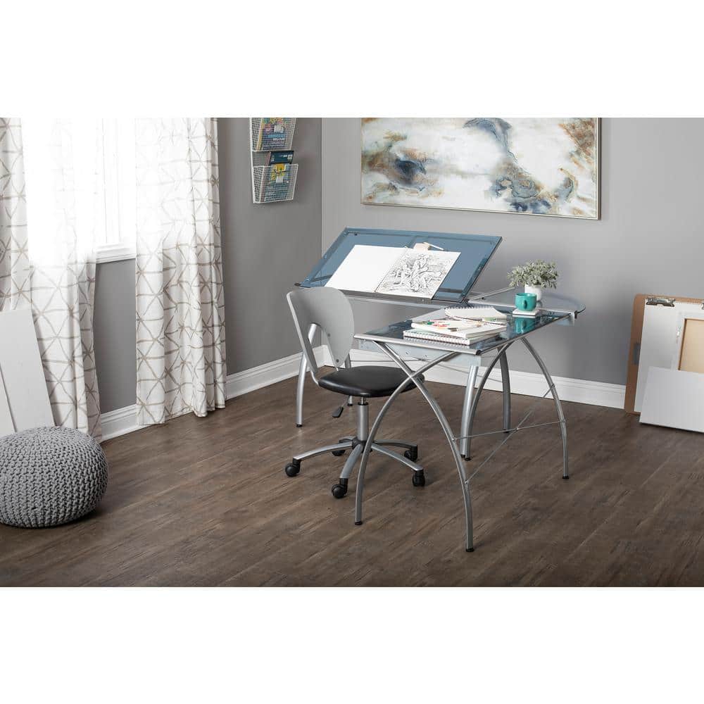 Futura L-Shaped Silver and Blue Glass Drafting Desk