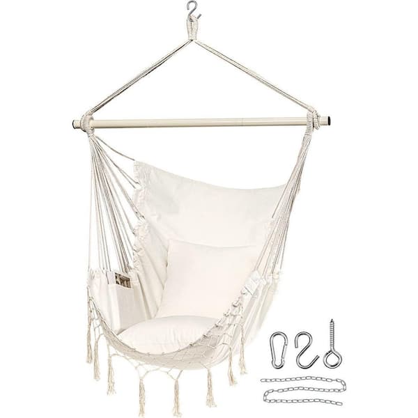 Hammock Chair Large Hanging Rope Swing Seat Chair with Pocket Max 350 lbs. Superior Comfortable, No Cushions (Beige)