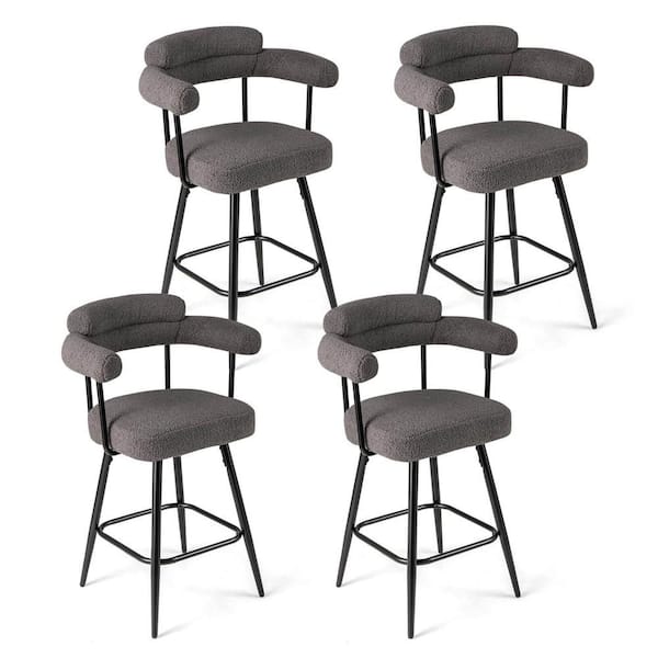 39.5 in. H Gray Low Back Metal Swivel Bar Stool with Fabric Set of 4 with Curved Back and Arms & Metal Legs & Footrest