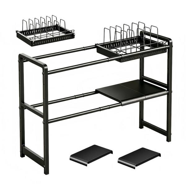 Black 2 Tier Metal Expandable Under Cabinet Pot Rack for Kitchen Under Sink Cookware and Lid Storage