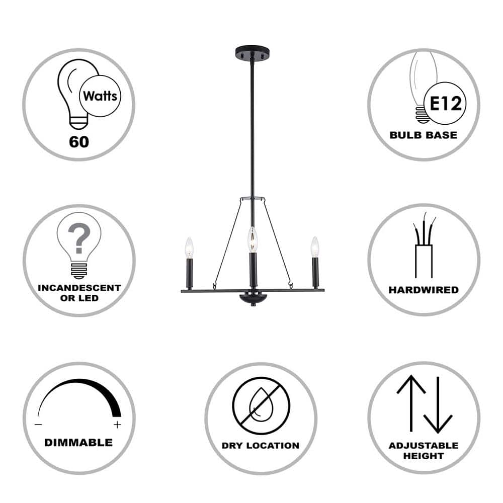 Black Metal 3-Light Candle Chandelier with Adjustable Height