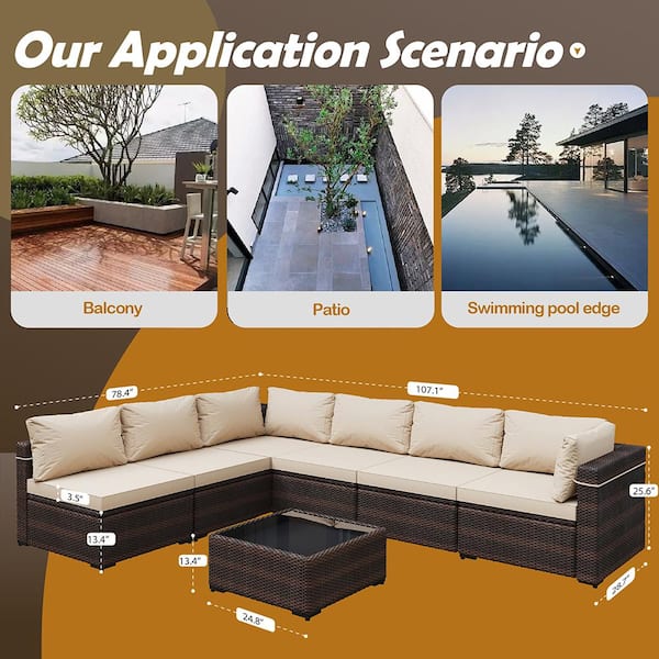 7-Piece Wicker Outdoor Patio Conversation Sectional Seating Set with Beige Cushions