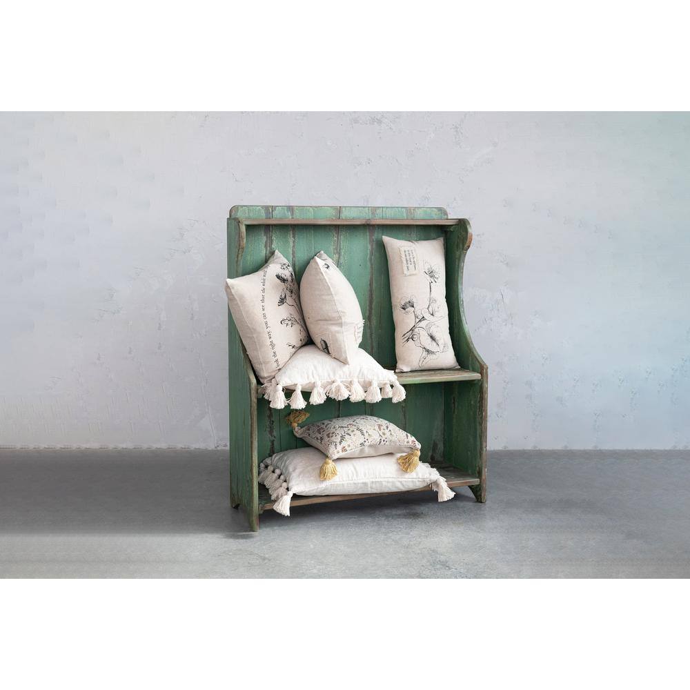 Natural Linen Blend Lumbar Pillow with Floral and Bird Design