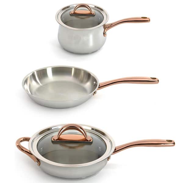 BergHOFF Ouro Gold 5-Piece 18/10 Stainless Steel Starter Cookware Set in Silver and Gold with Glass Lid
